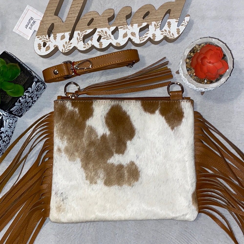 New Handmade Real Cowhide Leather Crossbody Purse Handbag Hair On With Fringes